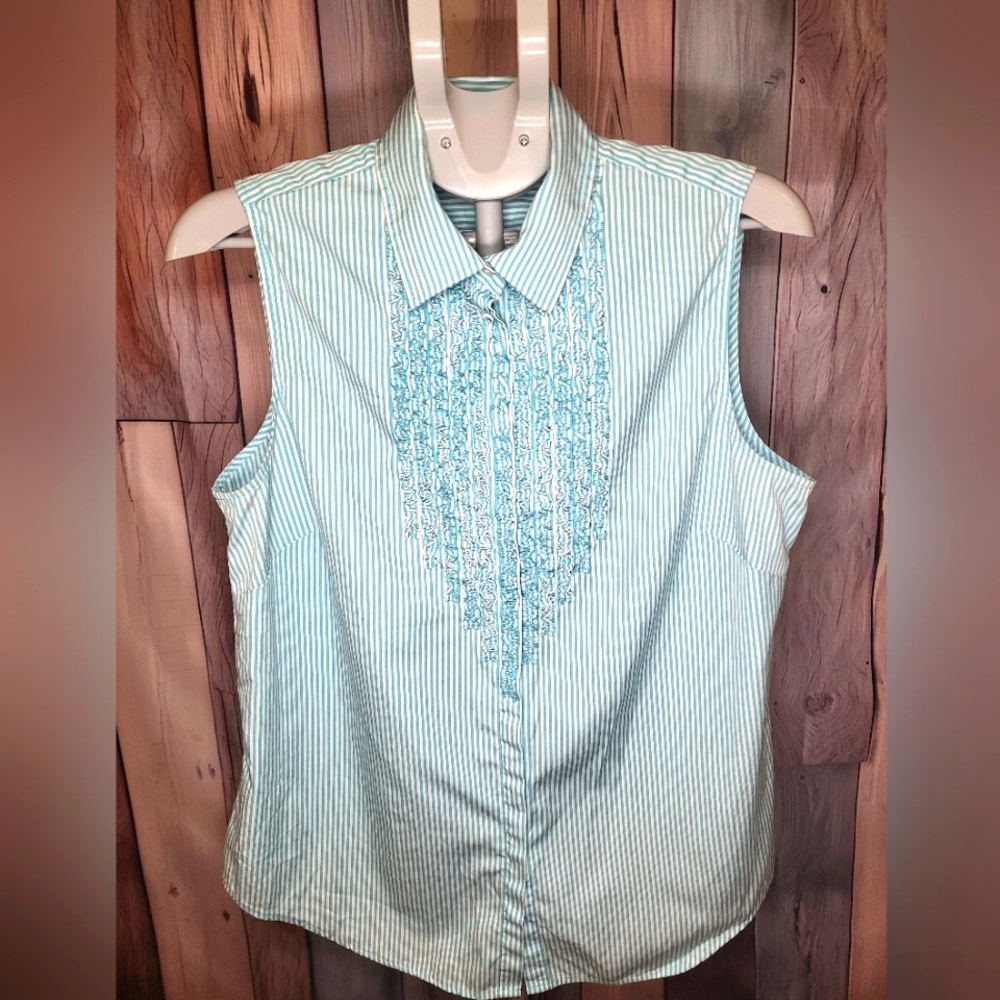 Lauren Ralph Lauren Ruffle Stripe Button-Up Shirt Sleeveless Blue White Cotton